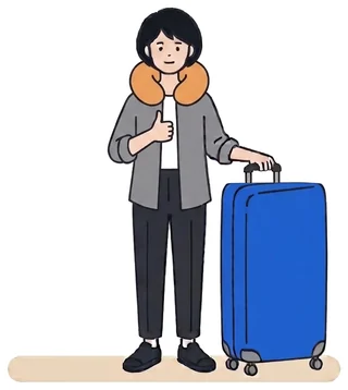 XLサイズのスーツケースに手を添え、ネックピローを着けて親指を立てる人のイラスト
